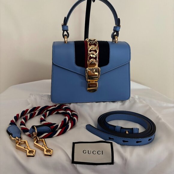 Authentic Gucci Blue Crossbody Mini Bag with Gold Accents - Excellent Condition - Picture 1 of 14